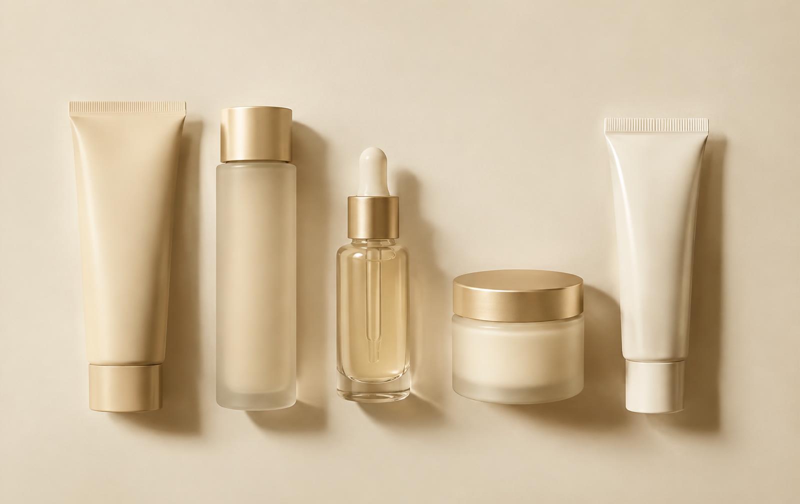 Five skincare steps laid out in a row